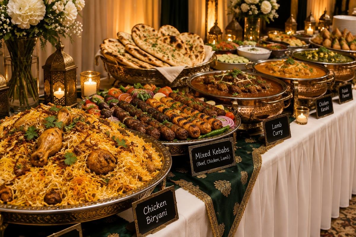Pakistani catering buffet with biryani, kababs and curries