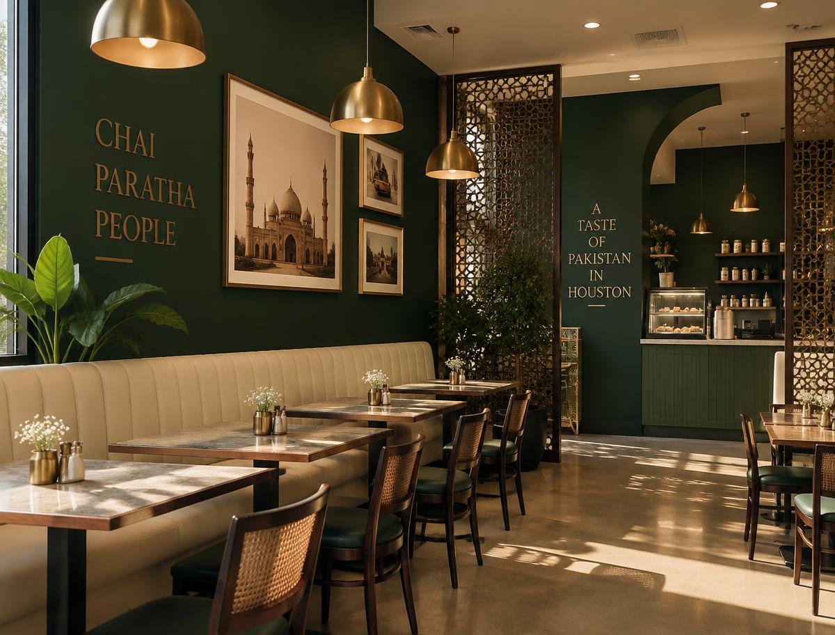 Warm, modern dining room at Chai Khana Grill in Houston